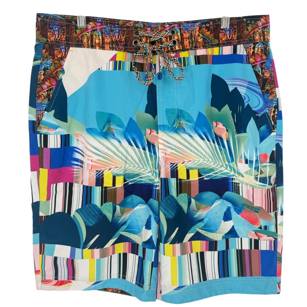 Robert Graham Men's Swim Shorts  Abstract Tropical Palm Leaf Print Multicolor 34